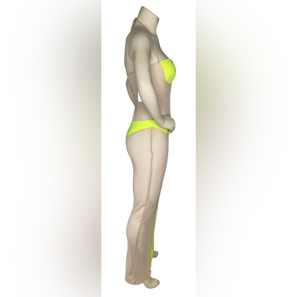 C.BRIDGETT Sexy Neon Yellow & Nude Sheer Mesh Color Block Halter Dress Cover Up - Picture 5 of 14